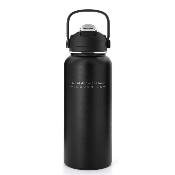 1L Double Wall Insulated Stainless Steel Water Bottle - A Cut Above the Rest - Incognito | 32oz Premium Hydration (Black)